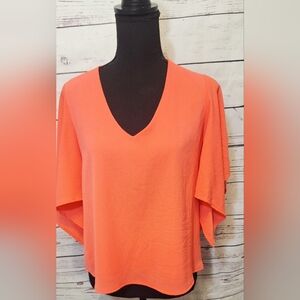 #1779 Tyche Bright/ Neon Orange Short Flutter Sleeve Relaxed Blouse Sz S